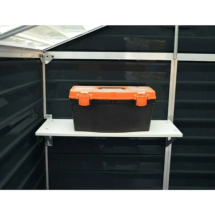 Palram – Canopia Caseta de jardín Skylight - Medidas ext. (An x Pr): 185 x 90 cm, Plástico, Antracita - Caja de herramientas en un estante blanco dentro de un cobertizo.