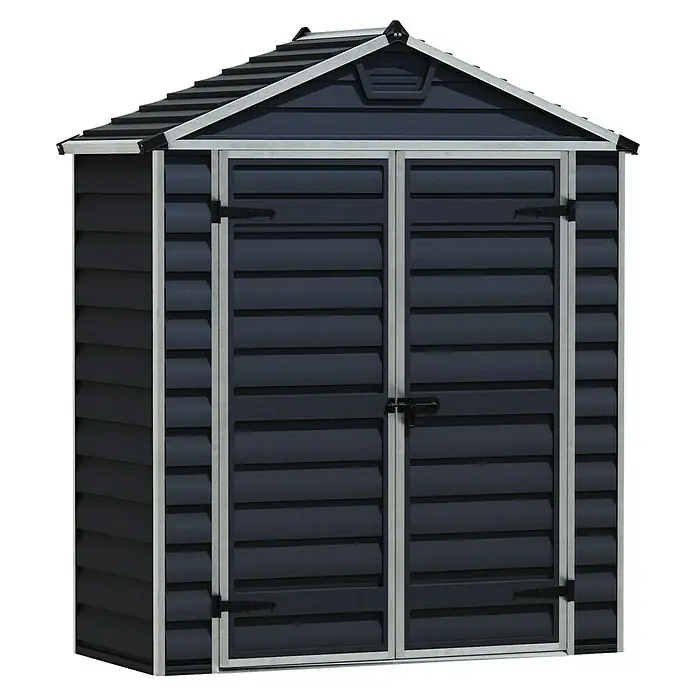 Palram – Canopia Caseta de jardín Skylight - Medidas ext. (An x Pr): 185 x 90 cm, Plástico, Antracita - Cobertizo de jardín con puertas dobles y techo a dos aguas. Este cobertizo ofrece espacio para herramientas y equipos de jardín.