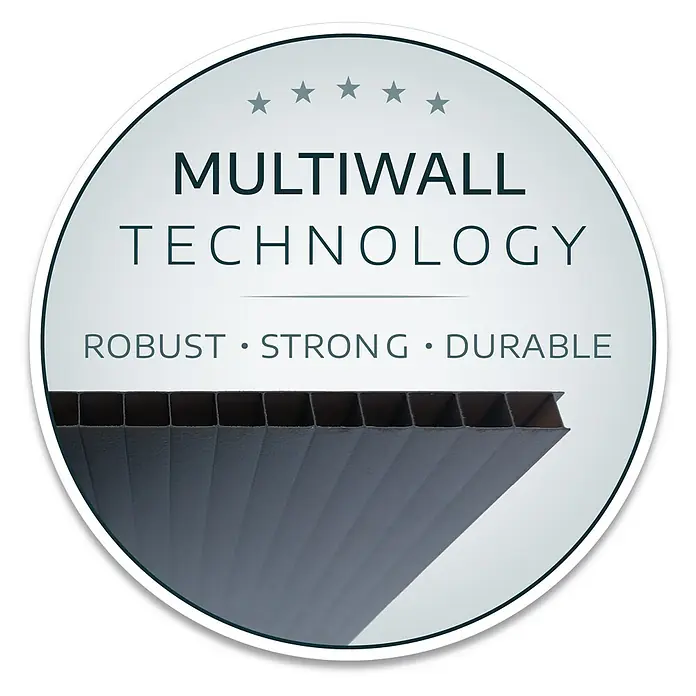 Palram – Canopia Caseta de jardín sin suelo Yukon - Medidas ext. (An x Pr): 332 x 519 cm, Plástico, Antracita - La imagen muestra un logotipo circular con el texto "Multiwall Technology" y debajo un ejemplo de la lámina multiwall robusta, fuerte y duradera.
