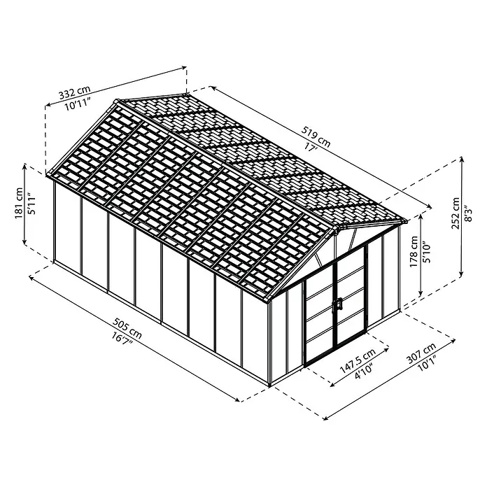 Palram – Canopia Caseta de jardín sin suelo Yukon - Medidas ext. (An x Pr): 332 x 519 cm, Plástico, Antracita - Diagrama de un invernadero que muestra las medidas de su tamaño y dimensiones.