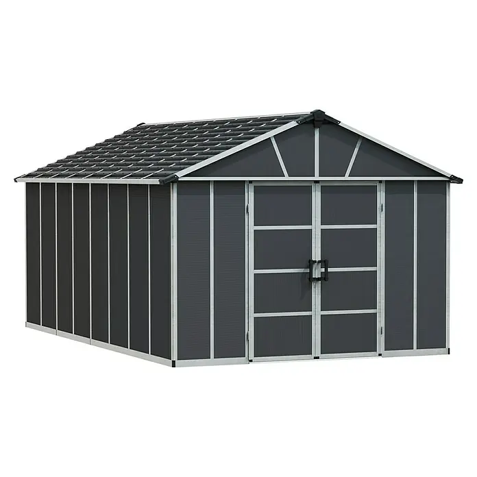 Palram – Canopia Caseta de jardín sin suelo Yukon - Medidas ext. (An x Pr): 332 x 519 cm, Plástico, Antracita - Un cobertizo espacioso hecho de material duradero con una puerta doble y un techo a dos aguas, ideal para guardar herramientas y equipos de jardín.