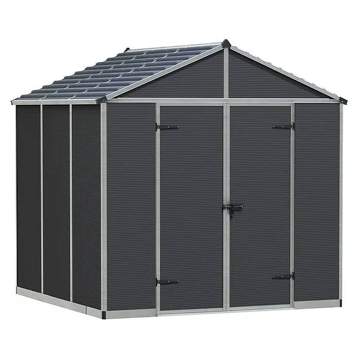 Palram – Canopia Gartenhaus Rubicon - Außenmaß inkl. Dachüberstand (B x T): 237 x 229 cm, Kunststoff, Anthrazit/Grau - Ein geräumiger Geräteschuppen mit Doppeltür und Satteldach bietet viel Stauraum für Gartenwerkzeuge und mehr.