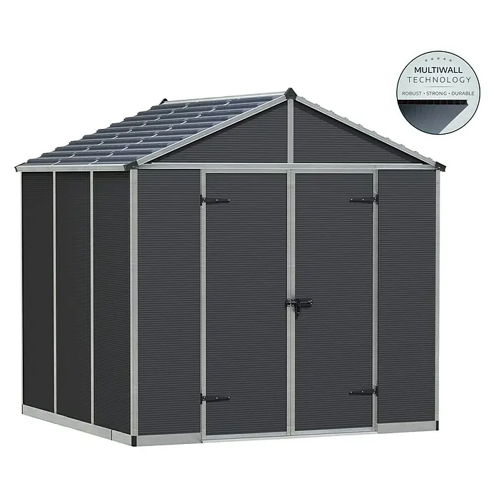 Palram – Canopia Gartenhaus Rubicon - Außenmaß inkl. Dachüberstand (B x T): 237 x 229 cm, Kunststoff, Anthrazit/Grau - Robustes Gartenhaus mit Mehrwandtechnologie für Stabilität und Langlebigkeit. Ideal zur sicheren Aufbewahrung von Gartengeräten.