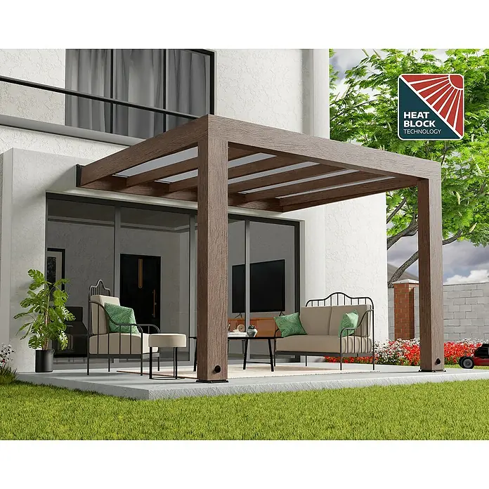 Palram – Canopia Marquesina adosada Helsinki - An x Pr: 340 x 300 cm, Cedro, Policarbonato, Translúcido - Pérgola acogedora con "Heat Block Technology" para momentos de relax al aire libre. Diseño elegante que complementa cualquier jardín.