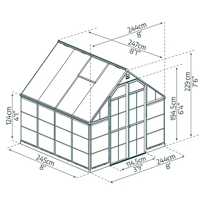 Palram – Canopia Invernadero Balance - Medidas ext. (An x Pr): 244 x 247 cm, 0,7 mm, Gris - Ilustración de un invernadero con dimensiones que indican su altura, anchura y longitud.