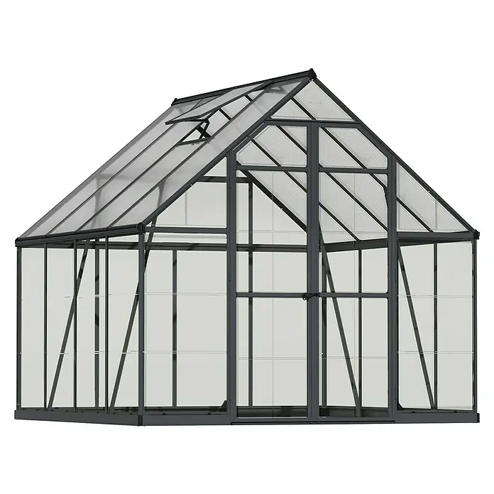 Palram – Canopia Invernadero Balance - Medidas ext. (An x Pr): 244 x 247 cm, 0,7 mm, Gris - Un espacioso invernadero con una estructura robusta y paredes transparentes, ideal para cultivar plantas.