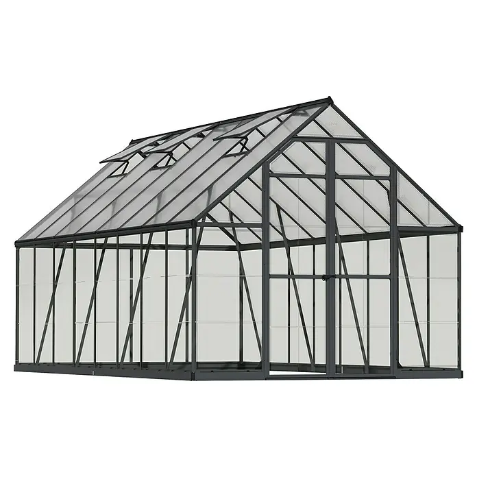 Palram – Canopia Invernadero Balance - Medidas ext. (An x Pr): 244 x 487 cm, 0,7 mm, Gris - Un invernadero espacioso con marcos grises y paneles transparentes, ideal para cultivar plantas y hortalizas en un ambiente controlado.