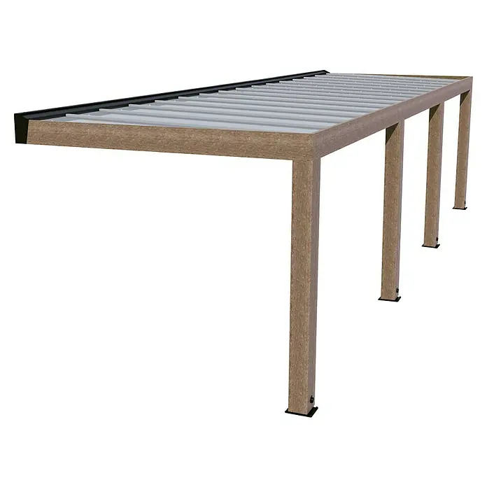 Palram – Canopia Terrassenüberdachung Helsinki - B x T: 990 x 300 cm, Braun, Polycarbonat, Solargrau - Nahaufnahme einer Pergola mit hellbraunem Rahmen und Lamellendach, die Schatten spendet und ein modernes Design aufweist.