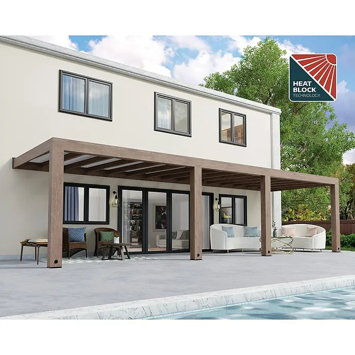Palram – Canopia Terrassenüberdachung Helsinki - B x T: 990 x 300 cm, Braun, Polycarbonat, Solargrau - Ein großzügiger Terrassenbereich mit einer Pergola mit Wärmeblocktechnologie, die stilvollen Schatten und Komfort bietet.