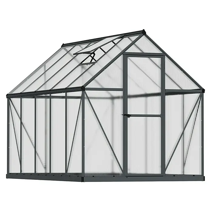 Palram – Canopia Invernadero Mythos - Medidas ext. (An x Pr): 185 x 306 cm, 4 mm, Gris - Un invernadero con estructuras grises y paredes transparentes, ideal para el cultivo de plantas. Incluye puerta y ventana para condiciones óptimas.