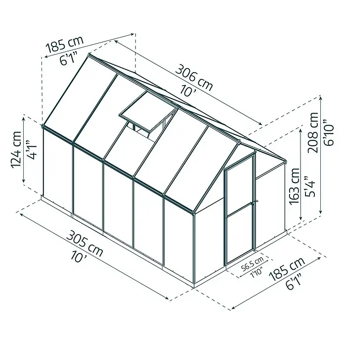Palram – Canopia Invernadero Mythos - Medidas ext. (An x Pr): 185 x 306 cm, 4 mm, Gris - Una vista dimensional en perspectiva de una estructura de invernadero.