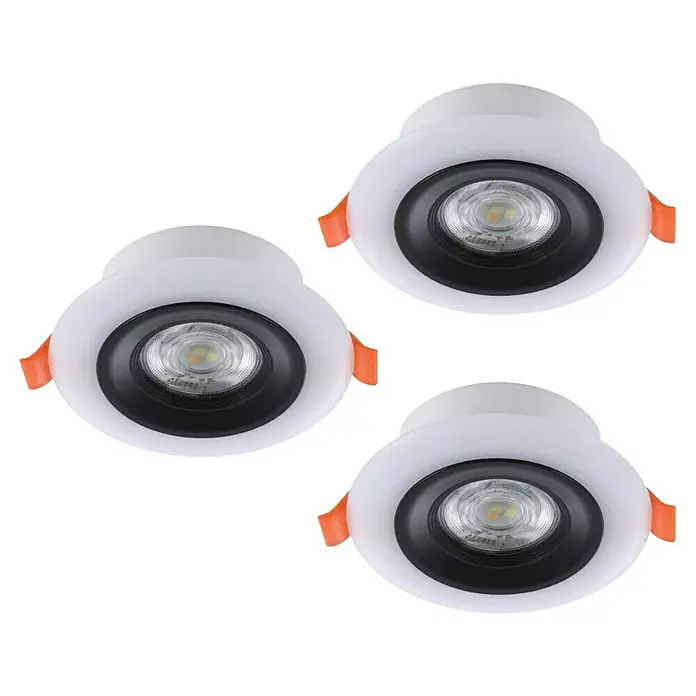 Eglo LED-Einbauleuchten-Set rund CALOGNE - 3,8 W, Schwarz, RGBW - Produktbild von drei LED-Einbaustrahlern mit weißem Rand, schwarzer Blende und orangefarbenen Halteklammern auf schwarzem Hintergrund.