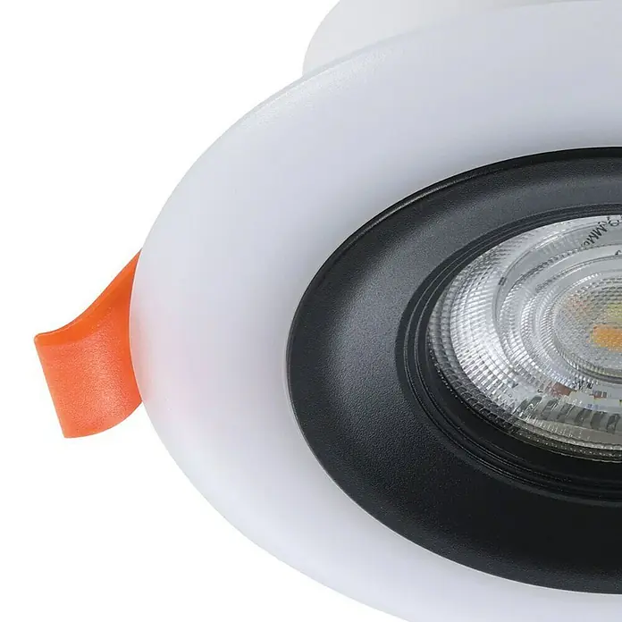 Eglo LED-Einbauleuchten-Set rund CALOGNE - 3,8 W, Schwarz, RGBW - Nahaufnahme einer modernen, runden LED-Einbauleuchte mit weißem Rahmen und schwarzem Reflektor für stilvolle Beleuchtungslösungen.