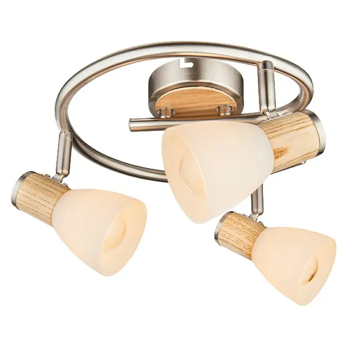Globo Gylfii Deckenstrahler - 120 W, L x B x H: 25 x 25 x 15,5 cm, Nickel matt, Opal, E14, Anzahl Leuchtmittel: 3 Stk. - Deckenleuchte mit drei Strahlern. Die Leuchte hat eine runde Form und ist aus Holz und Metall gefertigt und bietet eine helle, moderne Beleuchtung.