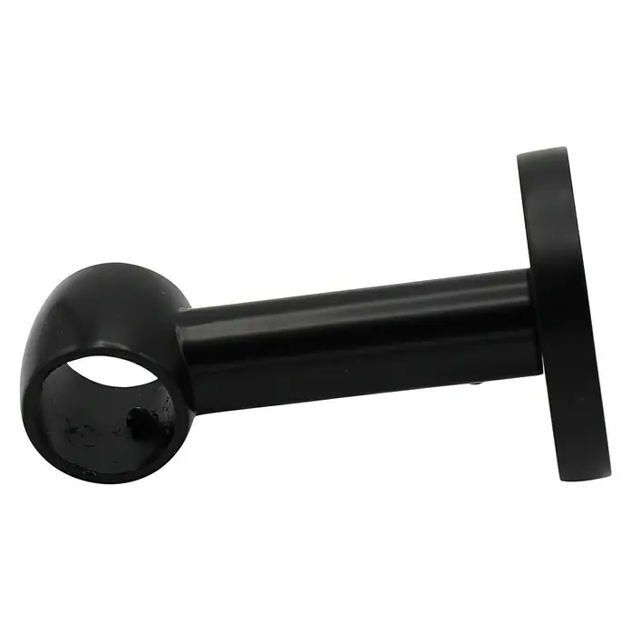 Expo Ambiente Träger Noble - Schwarz, Geeignet für: Gardinenstangen Ø 20 mm, 8,4 cm - Nahaufnahme einer schwarzen Gardinenstangenhalterung mit rundem Ende und Wandmontageplatte.
