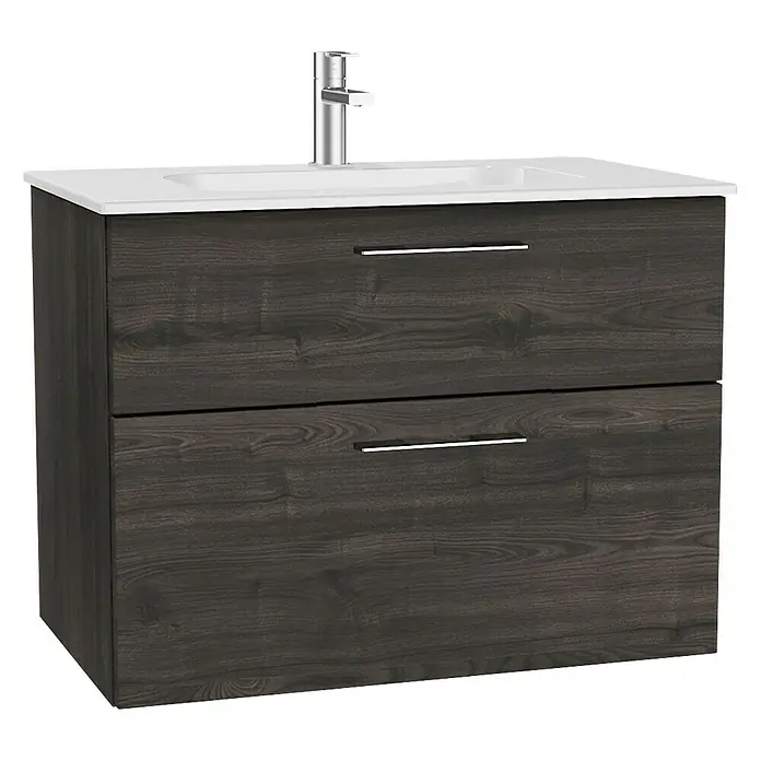Camargue Aurinia Waschtischunterschrank - 80 x 48 x 60 cm, Marone Trüffel - Moderner Badezimmerschrank mit zwei Schubladen und einem eleganten Waschbecken mit Armatur. Das perfekte Möbelstück für Ihr Badezimmer.