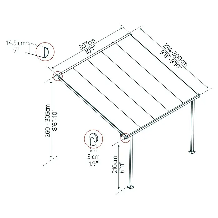 Terrassenüberdachung Tuscany LED - B x T: 307 x 300 cm, Anthrazitgrau, Polycarbonat, Transparent - Technische Zeichnung einer Pergola mit Maßangaben zu Höhe, Breite und Durchmesser der Pfosten.