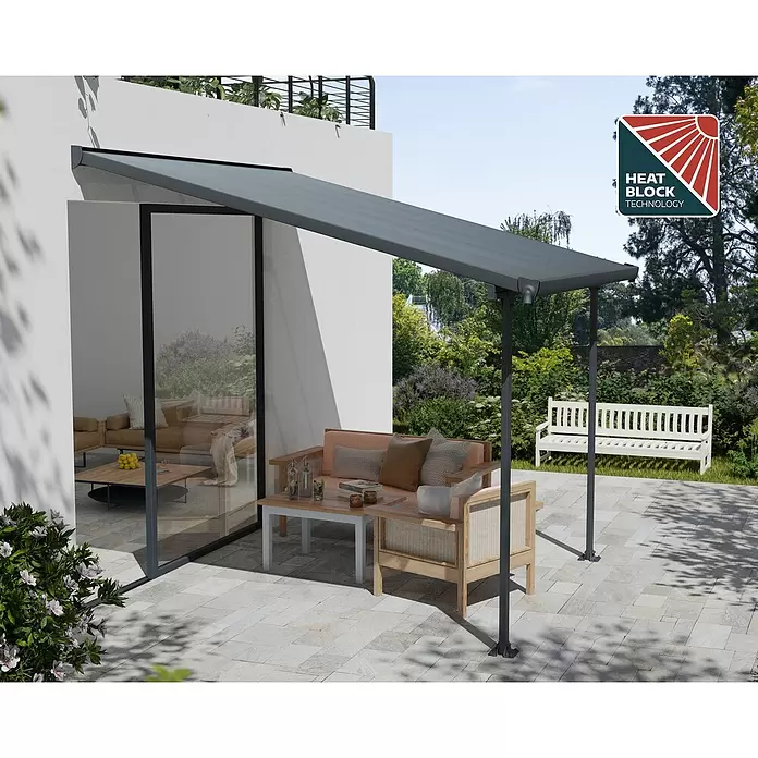 Terrassenüberdachung Tuscany LED - B x T: 307 x 300 cm, Anthrazitgrau, Polycarbonat, Transparent - Graue Terrassenüberdachung am Haus, spendet Schatten für eine Sitzgruppe auf der Terrasse.