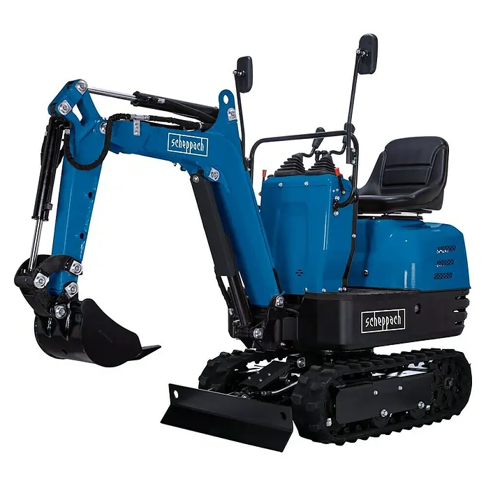 Scheppach Minibagger EXC815 - 6,3 kW, Auslegerschwenkbereich: -70 ° - 70 °, Benzin, Blau - Scheppach Minibagger mit blauem Farbschema, ausgestattet mit Schaufel und Raupenfahrwerk für den vielseitigen Einsatz im Garten- und Landschaftsbau.