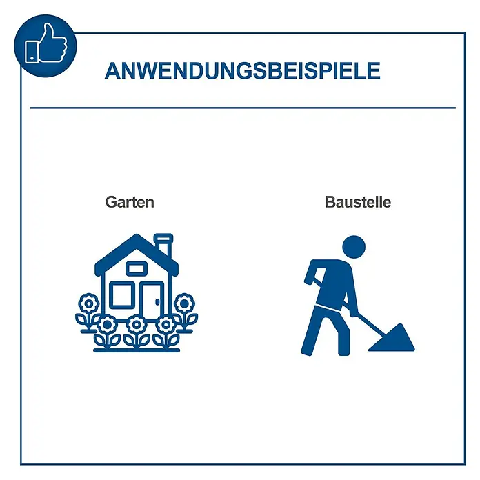 Scheppach Minibagger EXC815 - 6,3 kW, Auslegerschwenkbereich: -70 ° - 70 °, Benzin, Blau - Anwendungsbeispiele für Garten und Baustelle, illustriert durch ein Haus mit Blumen und eine Person, die mit einer Schaufel arbeitet.