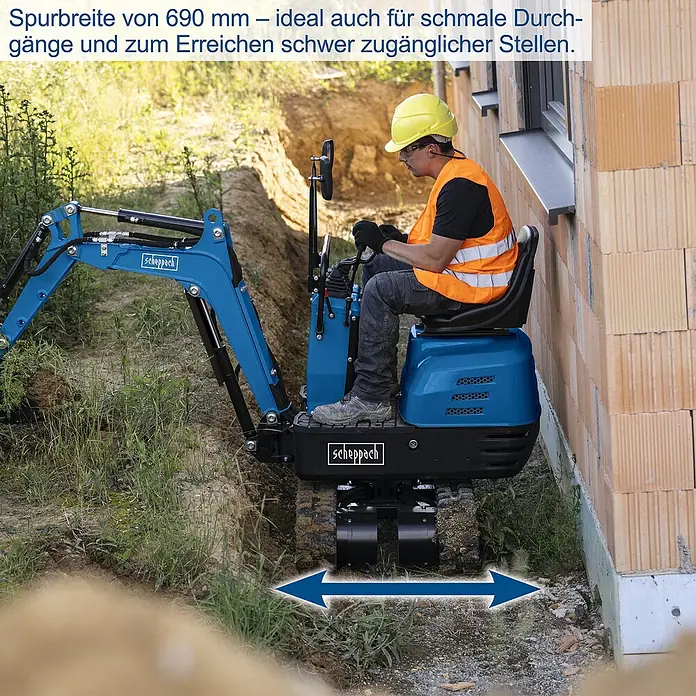 Scheppach Minibagger EXC815 inkl. XXL Zubehör-Set - 6,3 kW, Benzin, Auslegerschwenkbereich: -70 ° - 70 ° - Der blaue Scheppach Minibagger ist ideal für enge Durchgänge und schwer zugängliche Stellen. Spurbreite 690 mm.