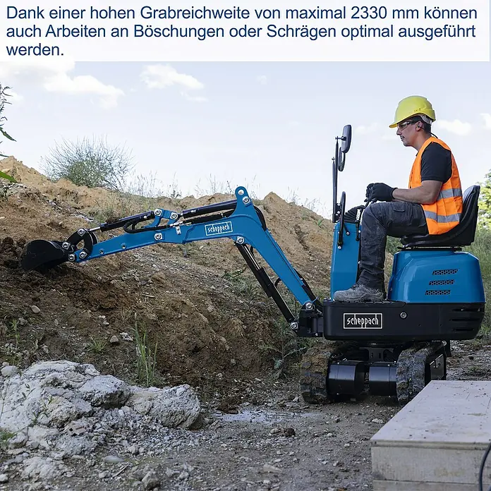 Scheppach Minibagger EXC815 inkl. XXL Zubehör-Set - 6,3 kW, Benzin, Auslegerschwenkbereich: -70 ° - 70 ° - Der Scheppach Minibagger bei der Arbeit. Dank hoher Grabreichweite ideal für Böschungen und Schrägen.