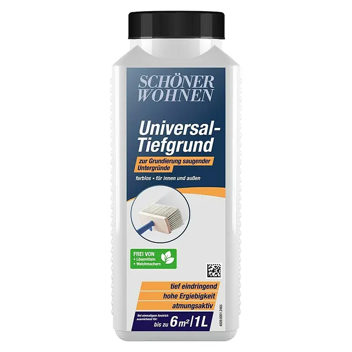 SCHÖNER WOHNEN-Farbe Tiefengrund - 1 l - Abbildung einer Flasche „Schöner Wohnen Universal-Tiefgrund“, eine farblose Grundierung für saugende Untergründe im Innen- und Außenbereich.