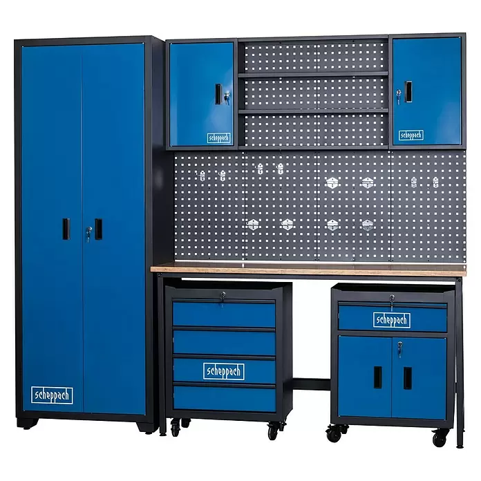 Scheppach Werkbank-Set GWS08 - L x B x H: 50 x 236 x 205 cm, Anzahl Schubladen: 5 Stk. - Blau-schwarzes Werkstatt-Schranksystem aus Metall mit Hochschrank, Wandschränken, Werkbank mit Lochwand und Schubladenelementen.