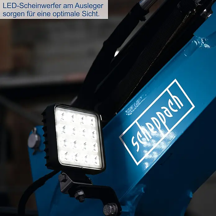 Scheppach Minibagger EXC815 - 6,3 kW, Auslegerschwenkbereich: -70 ° - 70 °, Benzin, Blau - LED-Scheinwerfer am Ausleger des Produkts für optimale Sicht.
