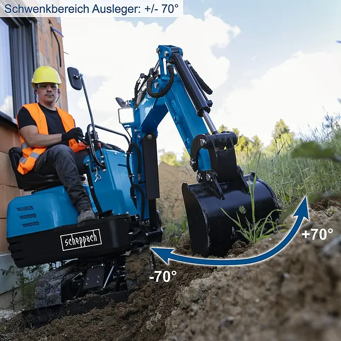 Scheppach Minibagger EXC815 - 6,3 kW, Benzin, Auslegerschwenkbereich: -70 ° - 70 ° - Bild von einem Scheppach Minibagger mit einem Schwenkbereich von +/- 70 Grad, der seine Flexibilität und Manövrierfähigkeit unterstreicht.