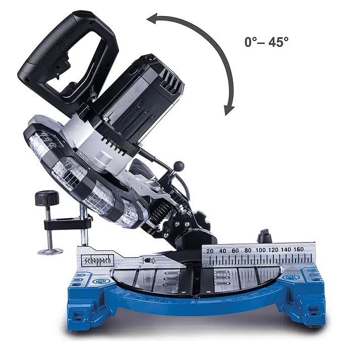 Scheppach Kapp- & Gehrungssäge HM210L - 1.500 W, Durchmesser Sägeblatt: 210 mm, Leerlaufdrehzahl: 4.900 U/min - Das Bild zeigt eine Scheppach Kappsäge in Aktion, die von 0 bis 45 Grad geneigt werden kann. Die Säge ist auf einer blauen Basis montiert.