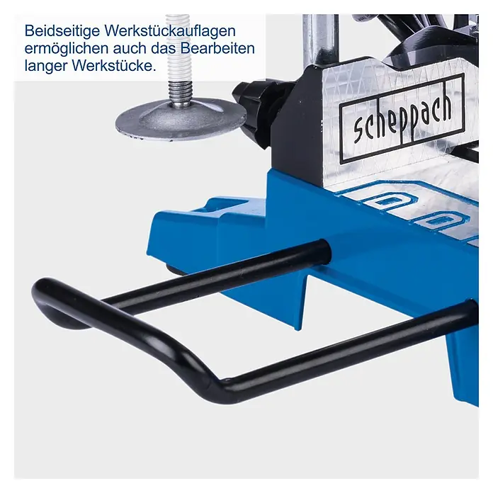Scheppach Kapp- & Gehrungssäge HM210L - 1.500 W, Durchmesser Sägeblatt: 210 mm, Leerlaufdrehzahl: 4.900 U/min - Scheppach Präzisions-Bohrständer mit Werkstückauflagen für die Bearbeitung langer Werkstücke.