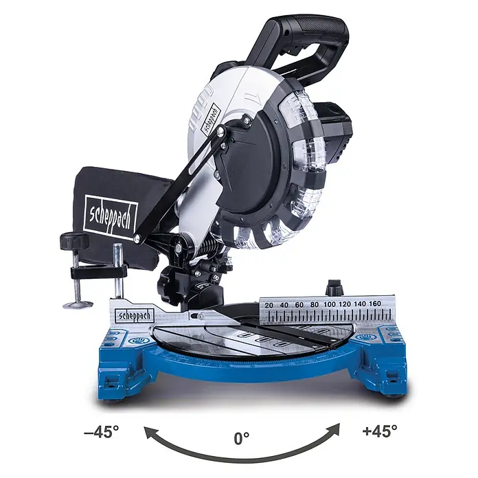 Scheppach Kapp- & Gehrungssäge HM210L - 1.500 W, Durchmesser Sägeblatt: 210 mm, Leerlaufdrehzahl: 4.900 U/min - Nahaufnahme der Scheppach Kappsäge mit Gehrungseinstellung, die präzise Winkelschnitte ermöglicht. Ideal für Holzarbeiten.