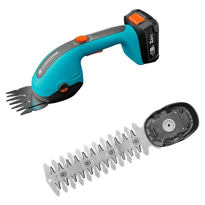 Gardena Power for All 18V Akku-Gras- & Strauchschere 20/18V P4A - 18 V, Li-Ionen, 1 Akku - Gardena Akku-Gras- und Strauchschere, blau/grau, mit Akku. Inklusive separatem Metall-Heckenscherenaufsatz.