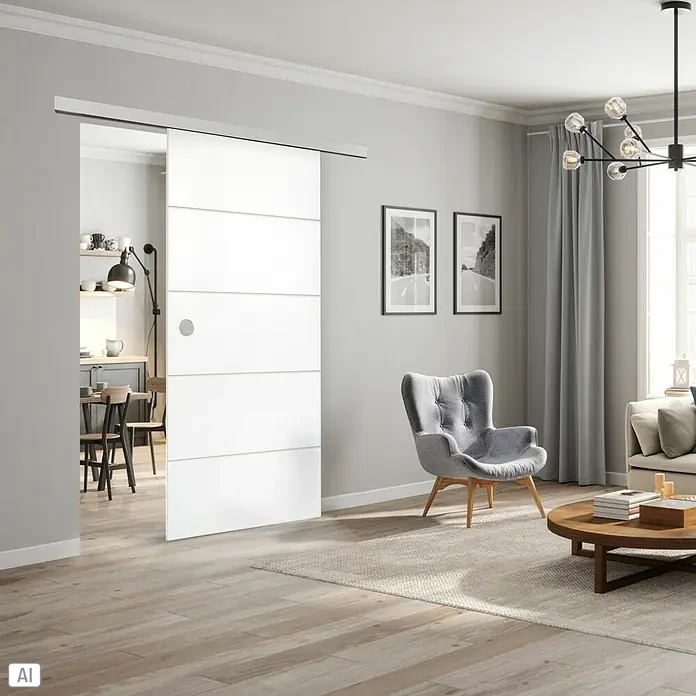 Diamond Doors Schiebetür-Komplettset Linea 40 4-Linien Holz - 935 x 2.058 mm, Weiß, Wabe - Das Bild zeigt eine moderne, weiße Schiebetür mit horizontalen Paneelen, die elegant den Wohnbereich vom Essbereich trennt. Der Raum ist stilvoll eingerichtet.