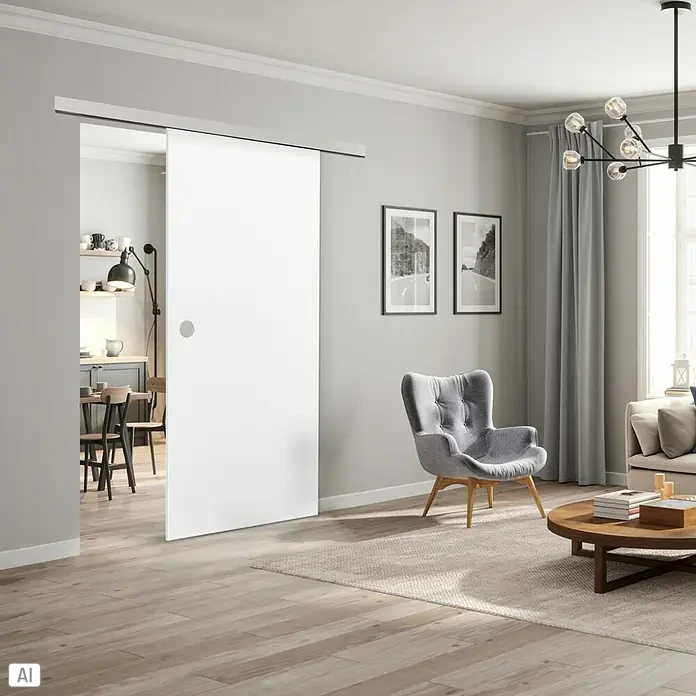 Diamond Doors Schiebetür-Komplettset Linea 40 Holz - 935 x 2.058 mm, Weiß, Wabe - Das Bild zeigt eine moderne Inneneinrichtung mit einer eleganten, weißen Schiebetür, die den Raum optisch teilt und gleichzeitig offen hält.