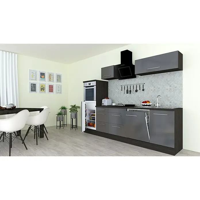 Respekta Premium Küchenzeile RP280HEGBO - Breite: 280 cm, Grau, Mit Elektrogeräten - Küchendesign mit modernen grauen Schränken, einem offenen Kühlschrank und einem Essbereich.