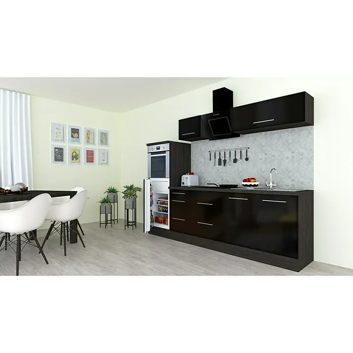 Respekta Premium Küchenzeile RP270HESBO - Breite: 270 cm, Schwarz, Mit Elektrogeräten - Helles Küchendesign mit dunklen Möbeln, eingebautem Kühlschrank und Essbereich. Die Küche präsentiert sich modern und einladend.