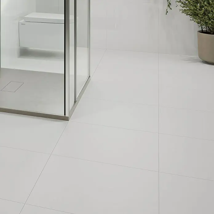 Feinsteinzeugfliese Super White - 59,8 x 59,8 cm, Weiß, Glänzend - Nahaufnahme eines modernen Badezimmers mit weißen Fliesen, einer Duschkabine mit klarem Glas und einer grünen Pflanze. Die Fliesen sind sauber und minimalistisch.