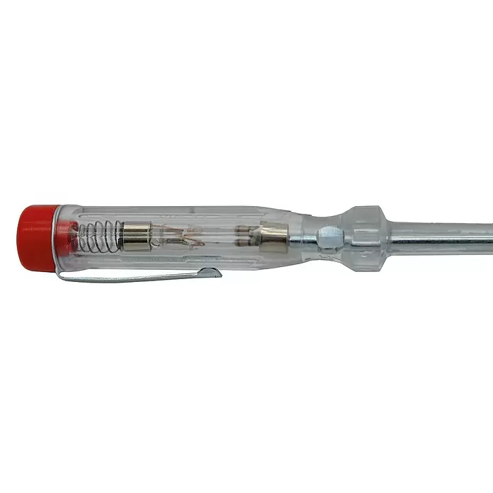 Heka Spannungsprüfer VDE 140 - 120 V - 250 V - Durchsichtiger Spannungsprüfschraubendreher mit roter Kappe, Feder, Glimmlampe, Metallwelle und Taschenclip.