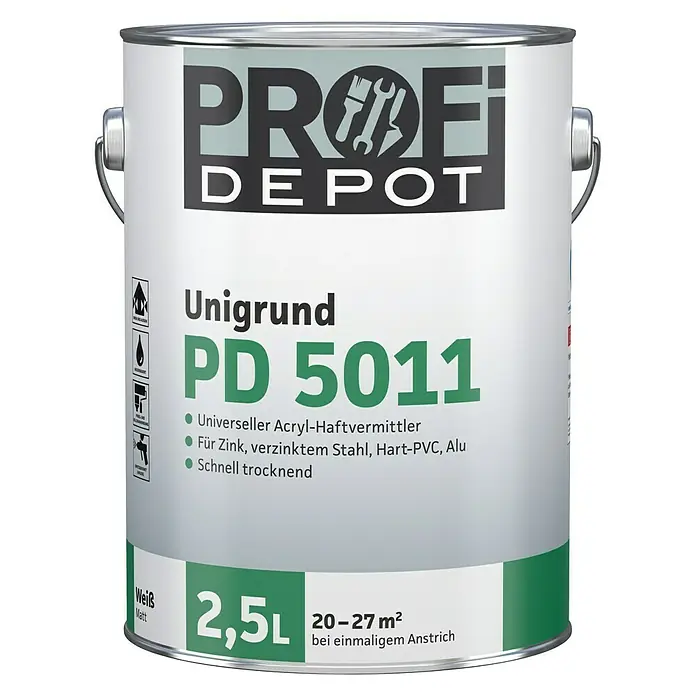 Profi Depot PD Grundierung Unigrund PD 5011 - Weiß, 2,5 l - Dose Profi Depot Unigrund PD 5011, eine universelle Acryl-Haftvermittler-Grundierung für verschiedene Metalle und Kunststoffe, mit 2,5L Inhalt.