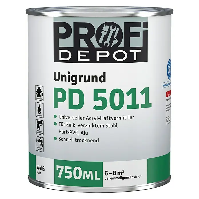 Profi Depot PD Grundierung Unigrund PD 5011 - Weiß, 750 ml - Dose Profi Depot Unigrund PD 5011, eine Universalgrundierung für Zink, Stahl, Hart-PVC und Alu, 750ml für 6-8m² bei einmaligem Anstrich.