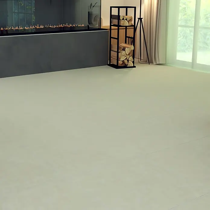 Marazzi Feinsteinzeugfliese Boston - 60 x 60 cm, Cream, Matt - Ein modernes Wohnzimmer mit einem schwarzen Kamin und einem Holzregal, das eine warme und gemütliche Atmosphäre schafft.