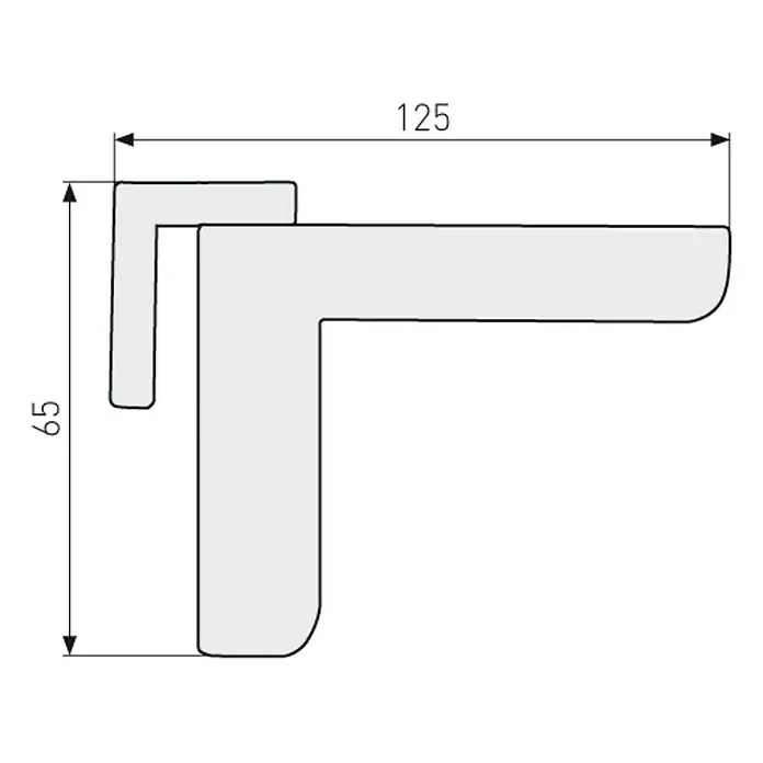 Abus Türschließer 2603 BK CL/DFNLI - Schwarz, Geeignet für: Zimmertüren - Darstellung eines Eckprofils mit den Maßen 125 mm Breite und 65 mm Höhe, ideal für Konstruktions- und Designprojekte.
