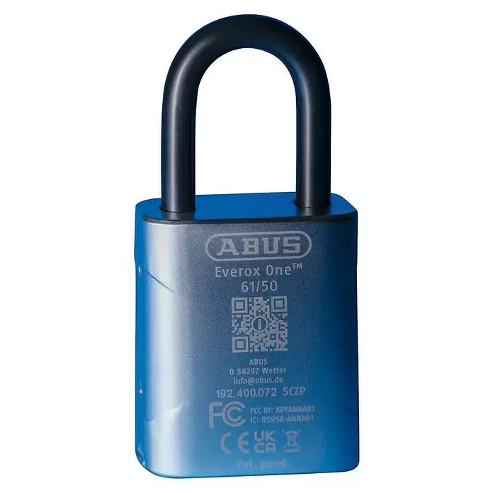 Abus Vorhängeschloss EVEROX 61/50 - Silber, 23 x 50 x 95 mm - Blau-graues smartes Vorhängeschloss von Abus mit dunklem Bügel und sichtbarer Beschriftung.