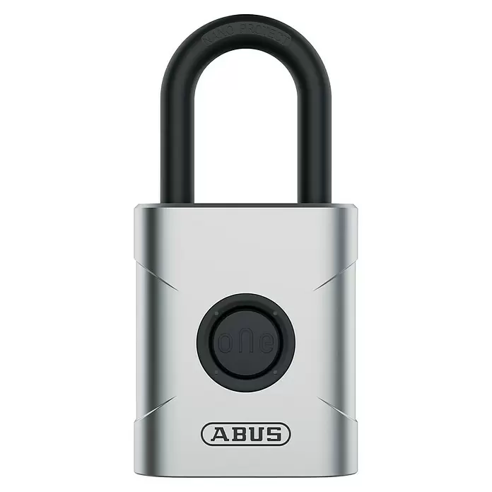 Abus Vorhängeschloss EVEROX 61/50 - Silber, 23 x 50 x 95 mm - Silbernes ABUS Vorhängeschloss mit schwarzem "NANO PROTECT" Bügel und zentralem "one" Knopf.
