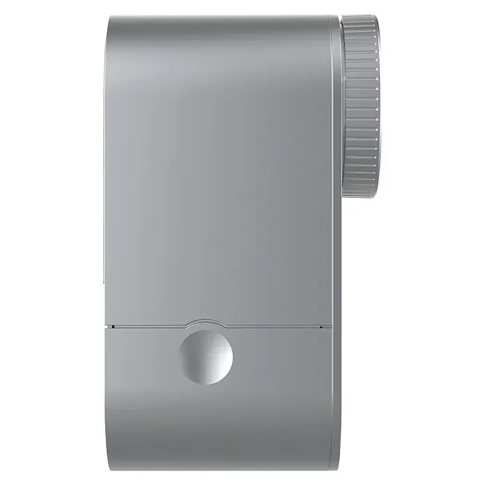 Abus Elektronisches Türschloss LOXERIS CFA4100 S - Bedienung: Über App, Geeignet für: Türen, Silber - Nahaufnahme eines Geräts, das ein schlankes, modernes Design in Silber mit einem markanten, geriffelten Knopf zur Steuerung aufweist.