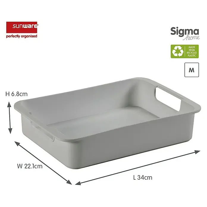 Sunware Einsatz Sigma Home M - Passend für: Sigma Home Aufbewahrungsbox 9 l/ 13 l/ 18l/ 24 l/ 25 l/ 32 l, Kunststoff - Eine graue Aufbewahrungsbox von Sunware Sigma Home aus recyceltem Kunststoff, Größe M, mit den Maßen H 6,8cm, B 22,1cm, L 34cm.