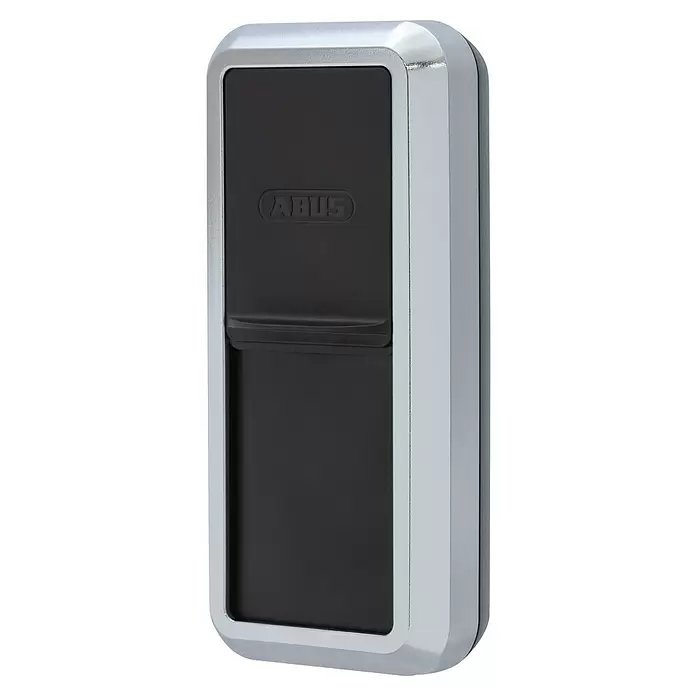 Abus HomeTec Pro Fingerabdruck Lesegerät CFS3100S - L x B x H: 29 x 67 x 143 mm, Schwarz / Silber - ABUS silbernes und schwarzes Zutrittskontrollgerät mit geprägtem Logo auf der schwarzen Platte.