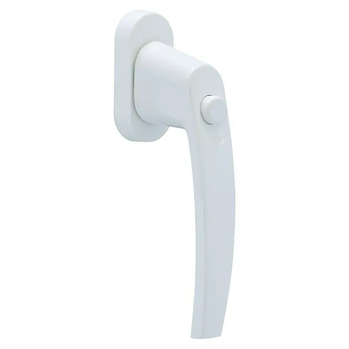 Abus Fenstergriff FG50 W - Weiß, Passend für: Fenster - Ein weißer Fenstergriff mit abgerundeten Kanten und einem Knopf für einfache Bedienung vor schwarzem Hintergrund.